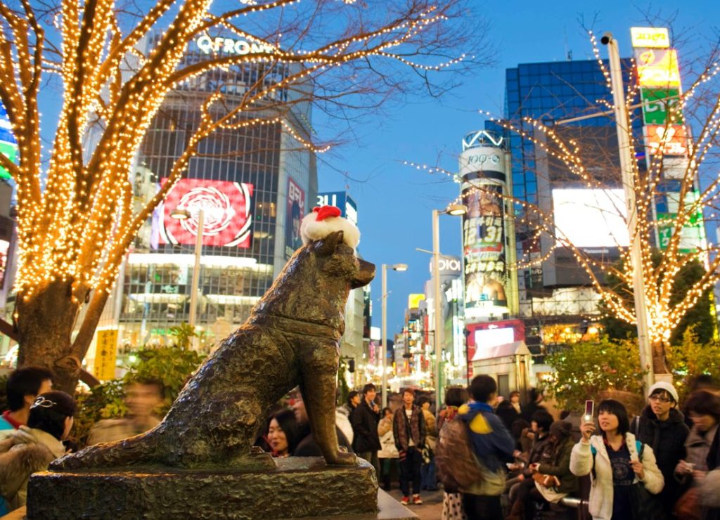 estatua de hachiko por la noche