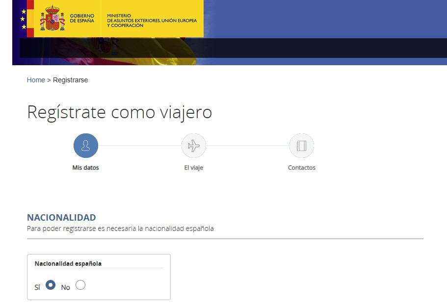 Registro Viajeros Ministerio de Asuntos Exteriores, Unión Europea y Cooperación de España